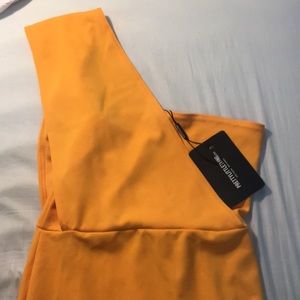 yellow one shoulder draped midi dress